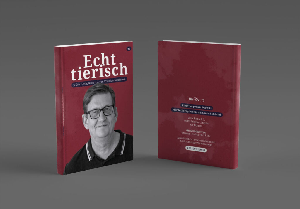 HN Vets Markenauftritt mit gestaltetem Buchcover und Rückseite der Kolumnensammlung auf grauem Hintergrund