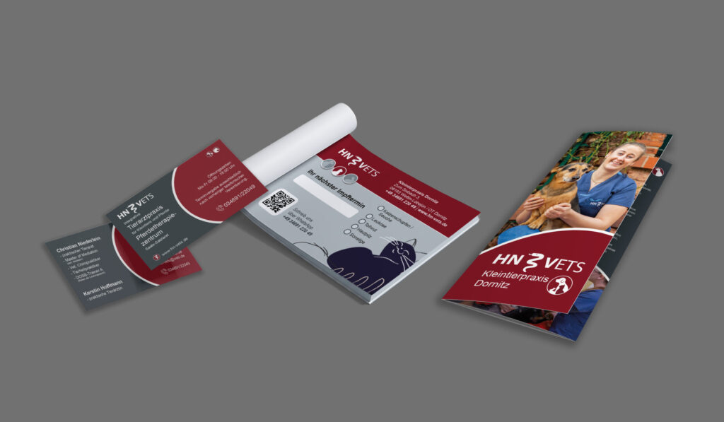 HN Vets Markenauftritt mit Visitenkarten, Terminzetteln und Flyer auf grauem Hintergrund