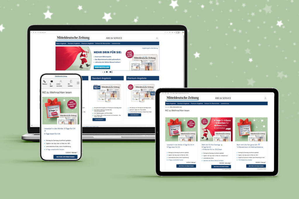 Darstellung der Aboaktion Weihnachten 2025 der Mitteldeutschen Zeitung auf Laptop, Tablet und Smartphone vor weihnachtlichem Hintergrund