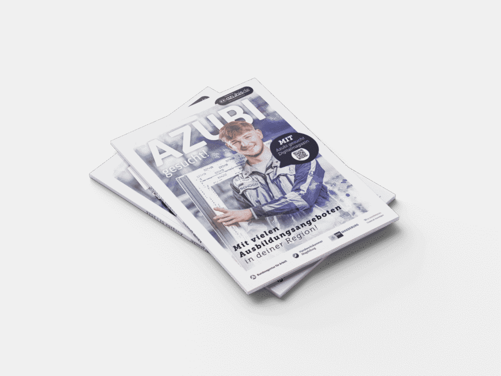 Titelmotiv des Magazins „AZUBI gesucht!“ als gedrucktes Cover in mehrfacher Auslage auf transparentem Hintergrund