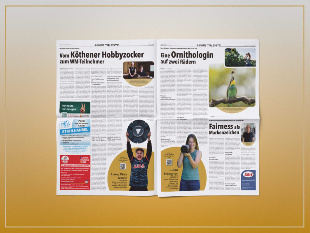Doppelseitiges Layout der Kampagne „Junge Talente 2026“ mit modernem Editorial‑Design auf farbigem Hintergrund