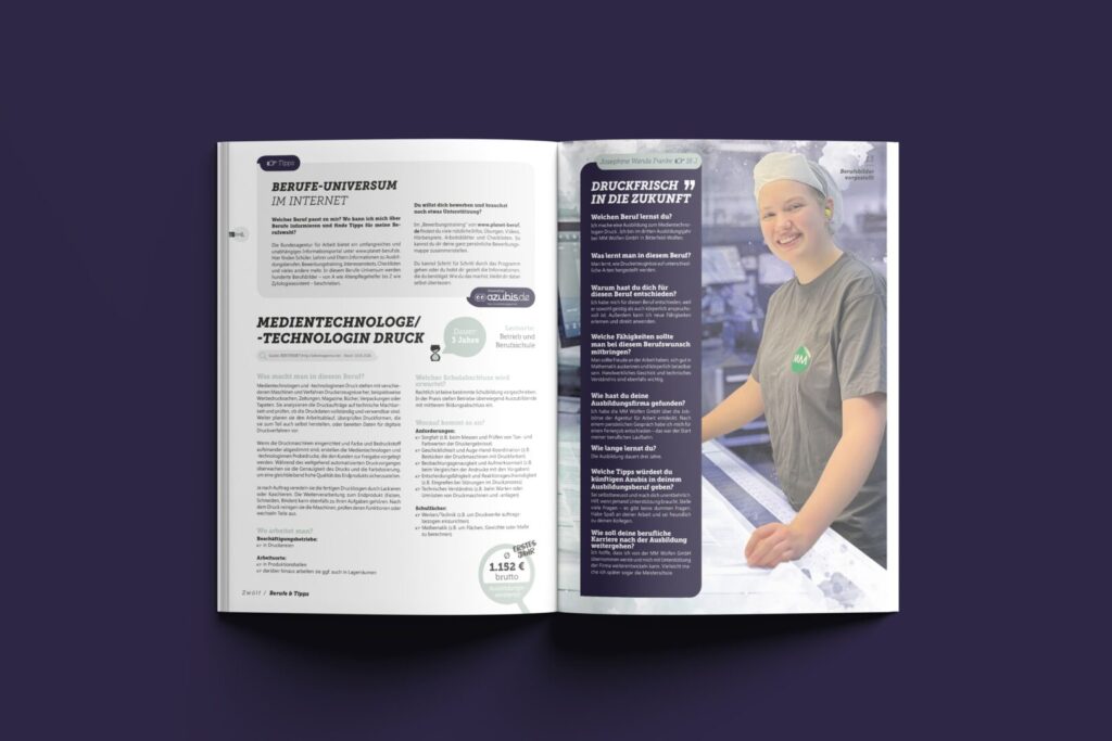 oppelseitiges Layout des Magazins „AZUBI gesucht!“ mit modernem Editorial‑Design auf farbigem Hintergrund.