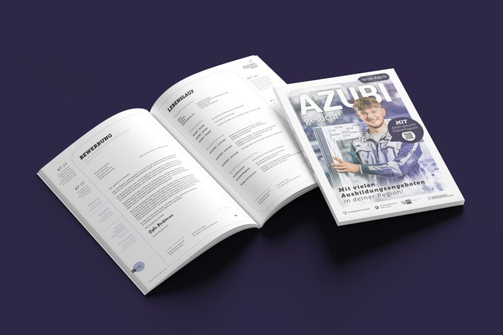 Magazin „AZUBI gesucht!“ mit aufgeschlagenem Doppelseiten‑Layout und Titelcover auf dunklem Hintergrund