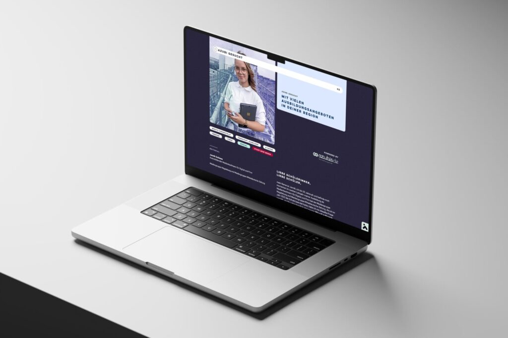 Startseite von azubi-gesucht.mz.de auf einem Laptop, mit Magazinmotiv und digitalem Editorial‑Layout