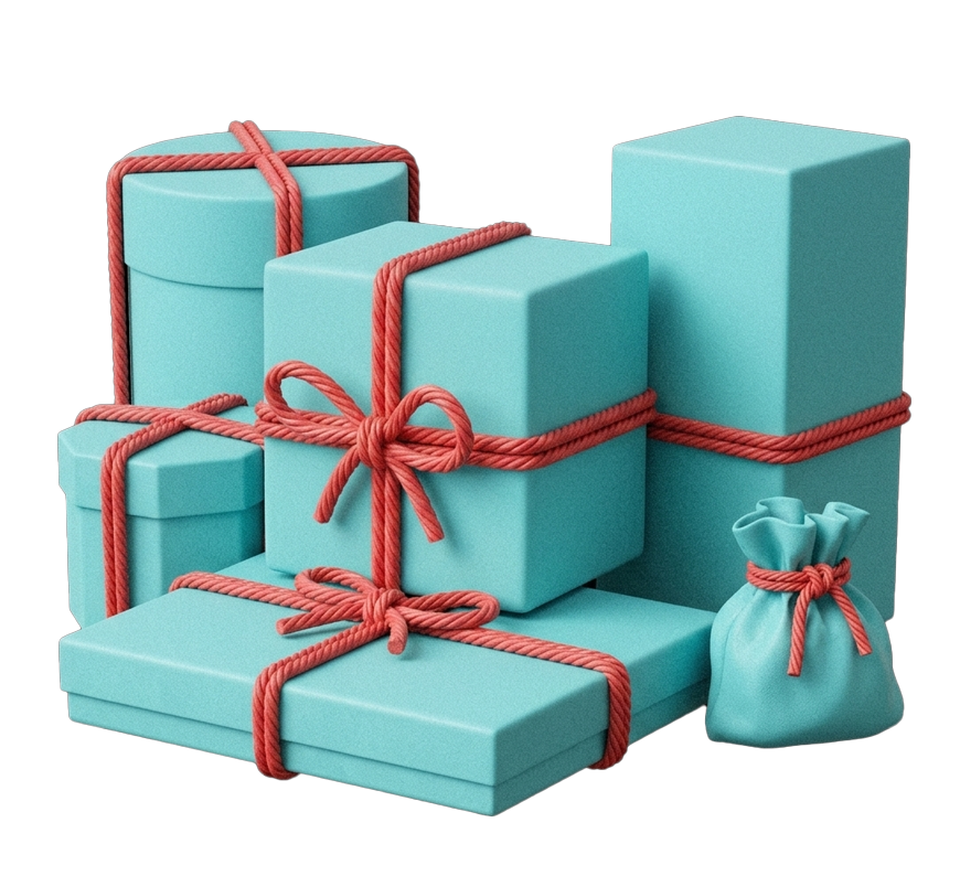 Turquoise gift boxes wrapped with red rope and bows, arranged on a black background.