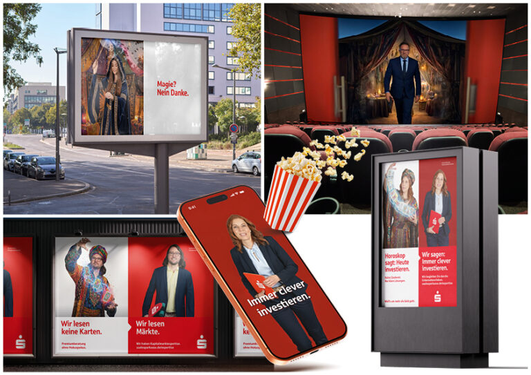 Collage of digital billboards and screens featuring a businesswoman and German investing messages, including 'Immer besser investieren' and related ads.
