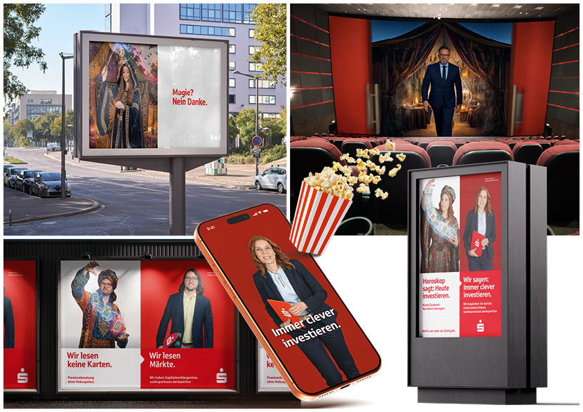 Collage of digital billboards and screens featuring a businesswoman and German investing messages, including 'Immer besser investieren' and related ads.