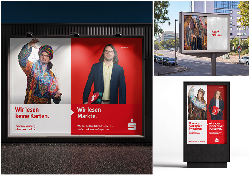 Large bank ad billboard featuring two people in a red-and-white split design with German slogans about reading markets.