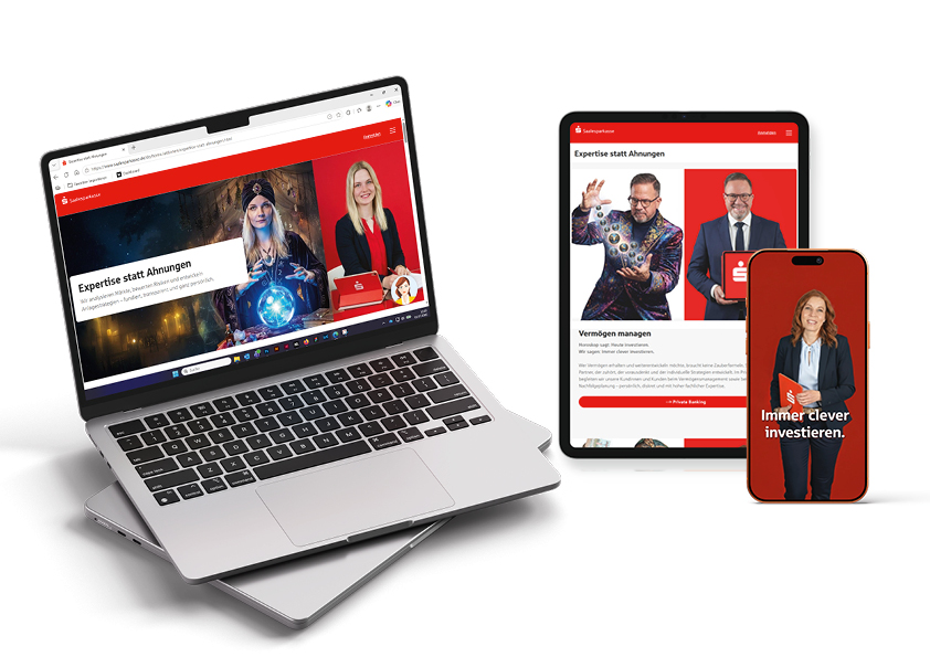 Multi-device view of a red-brand banking website: laptop, tablet, and smartphone showing finance content across devices